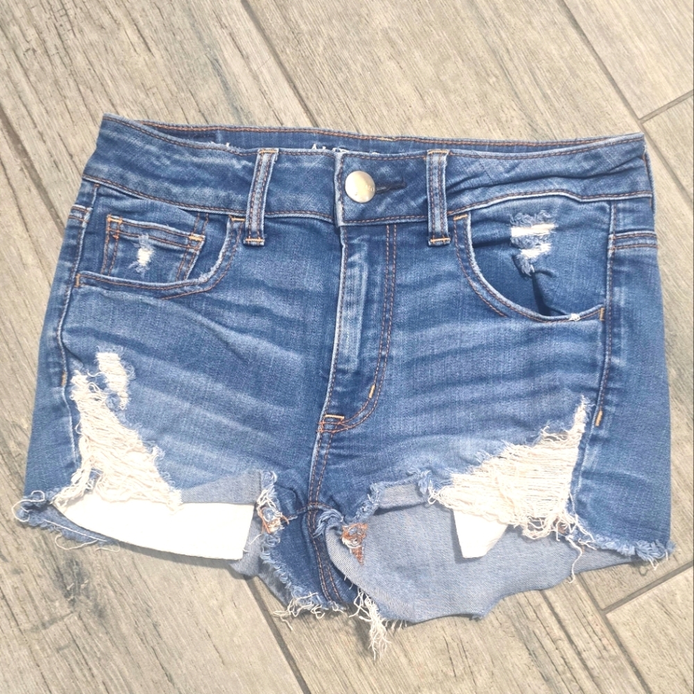 American Eagle High-rise Shortie Distressed Denim Shorts Sz 4 Medium Wash